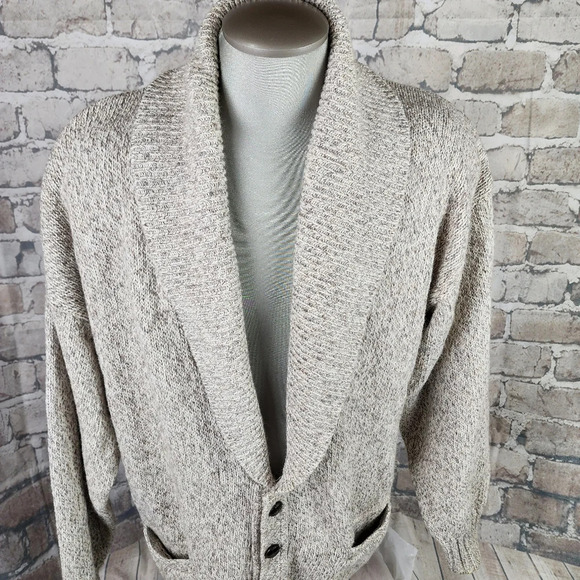 Vintage Wool  Blend Shawl Collar Grampa Cardigan Cream Brown Heather Size Large - Picture 4 of 13